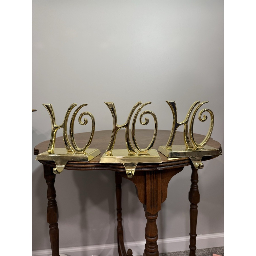Pottery Barn Ho Ho Ho Stocking Hangers (3) Christmas Gold Tone‎